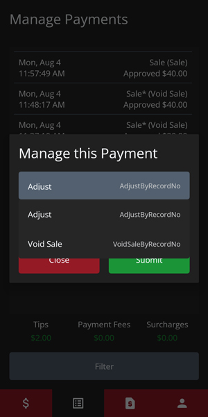 Void Sale dropdown