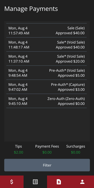 Manage Payments Menu