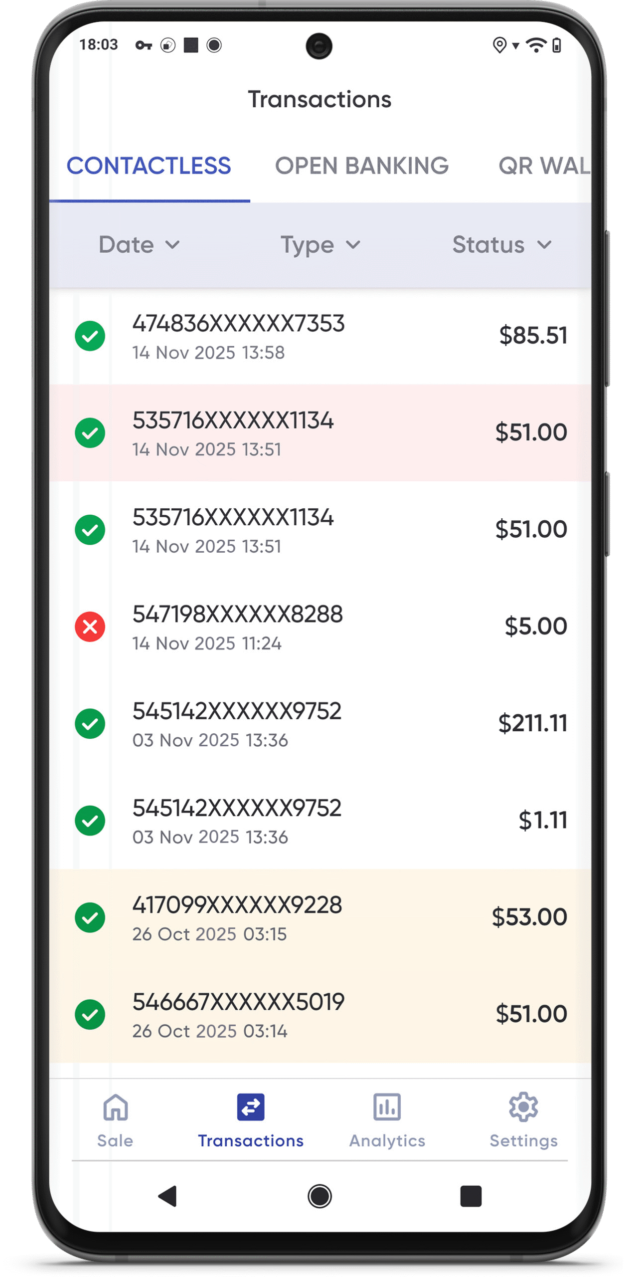 SureTap Transactions Screen